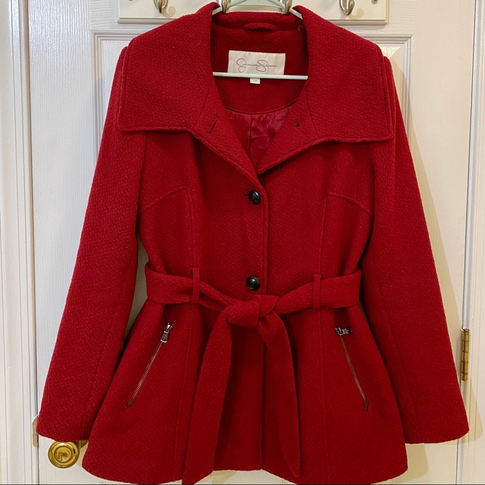 Jessica Simpson Red Tie Belted Pea Coat Size Large
